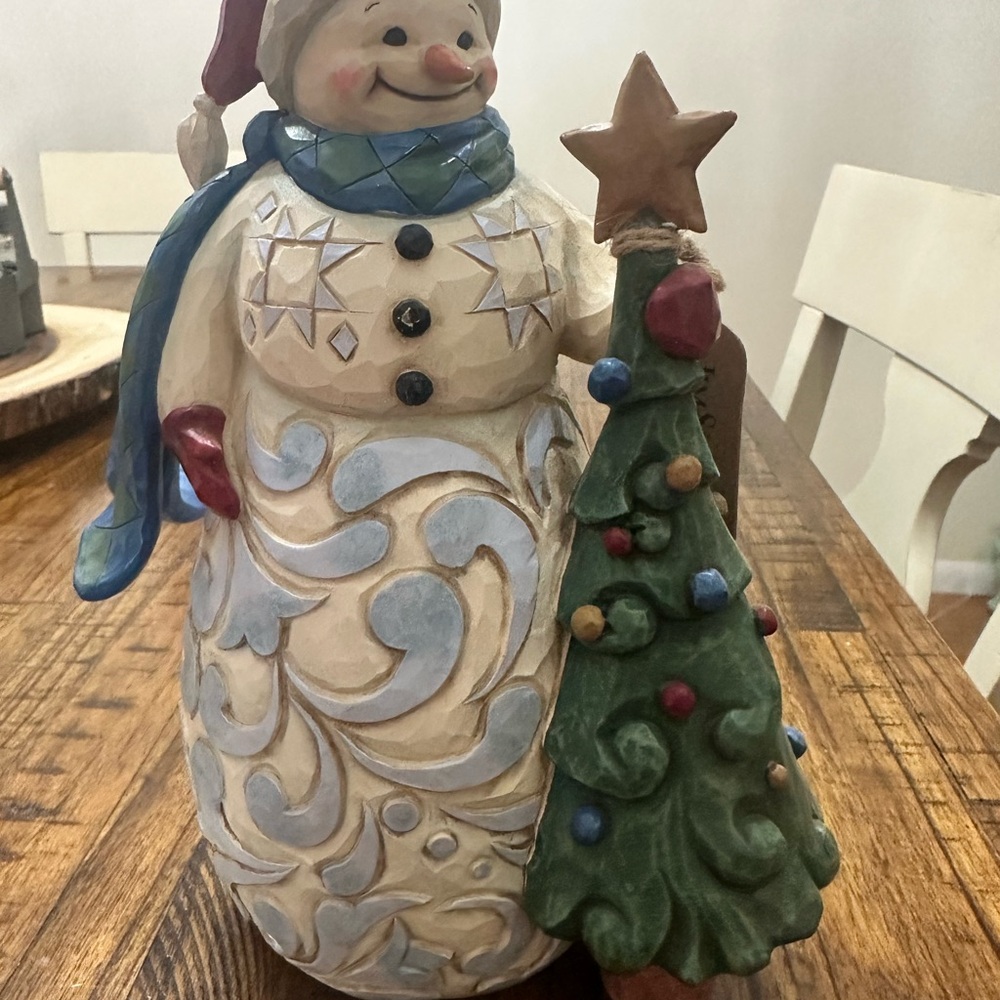 Jim Shore Cream Snowman Figurine with Green Tree and Blue Scarf